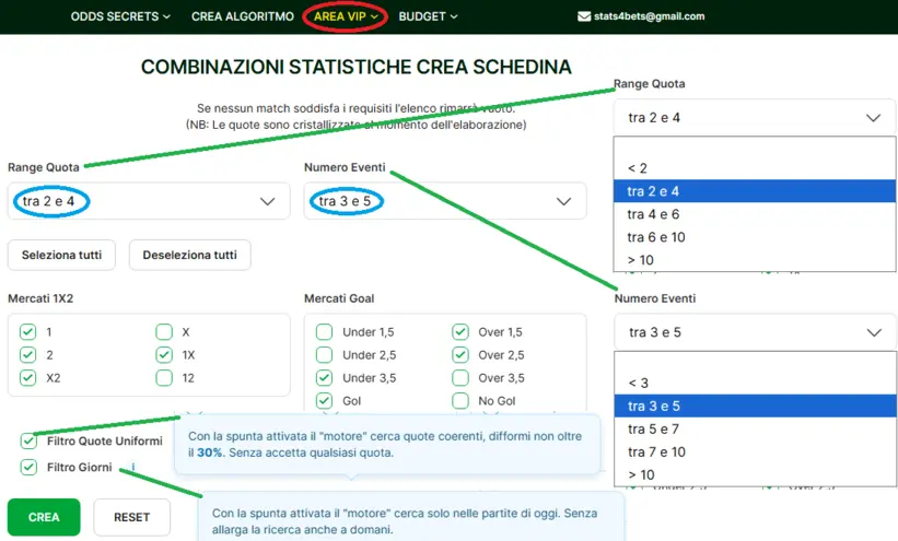 Simulatore schedina del SuperFoglio: range di quota, numero eventi e filtri giorni e quote uniformi